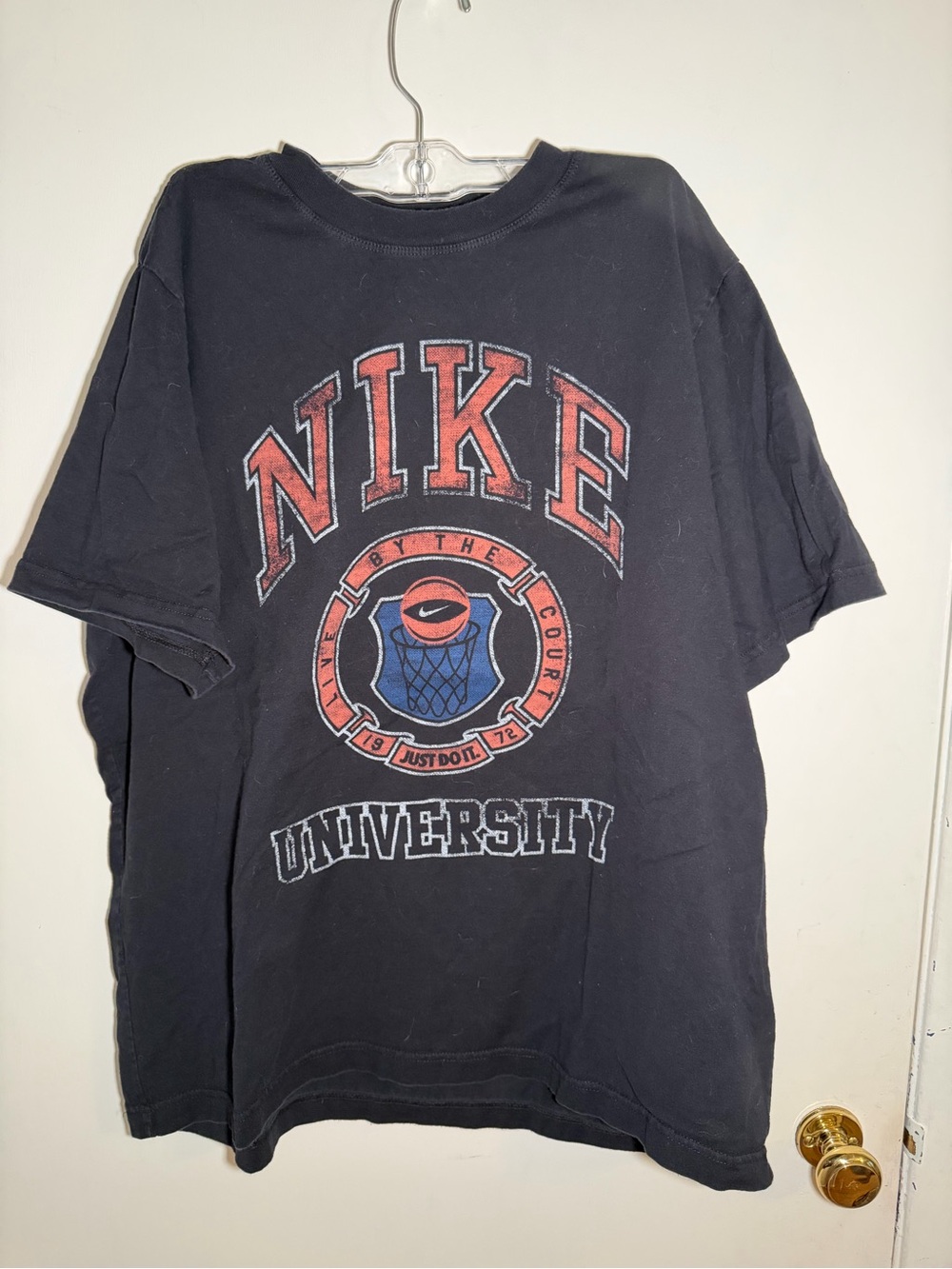 Nike Black Graphic 'University' Short Sleeve Tee with Red & Blue Art